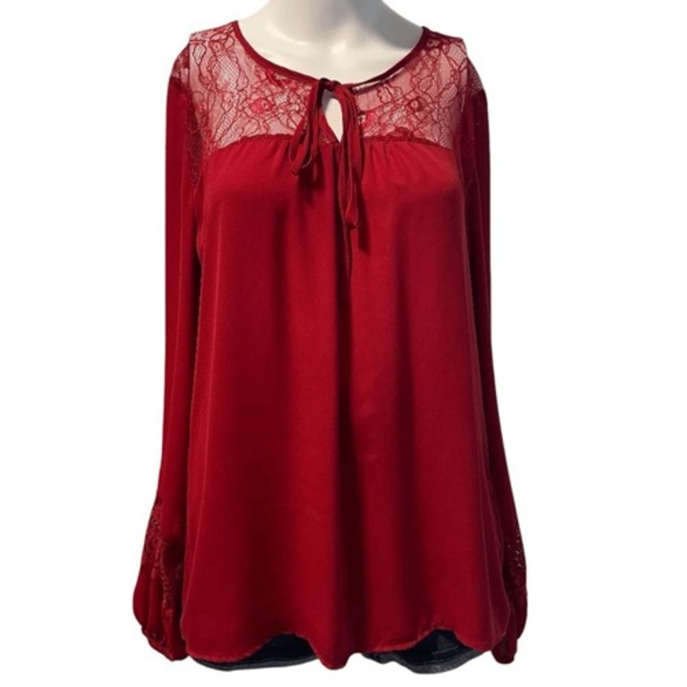 New York & Company 7th Avenue Red Lace Trim Boho Top M Tall‎